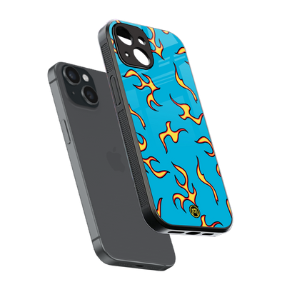 lil flames on blue back phone cover | glass case for iphone 15