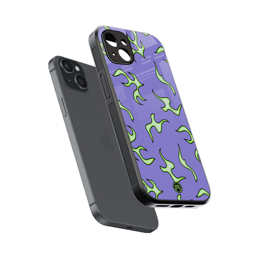 lil flames on purple back phone cover | glass case for iphone 15 plus