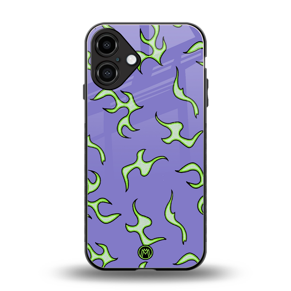 lil flames on purple back phone cover | glass case for iphone 16 plus