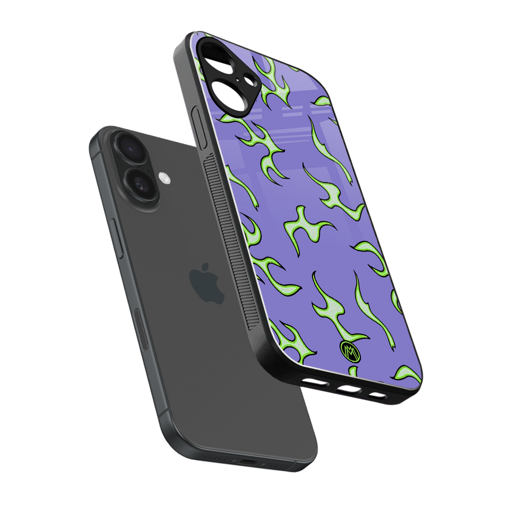 lil flames on purple back phone cover | glass case for iphone 16 plus