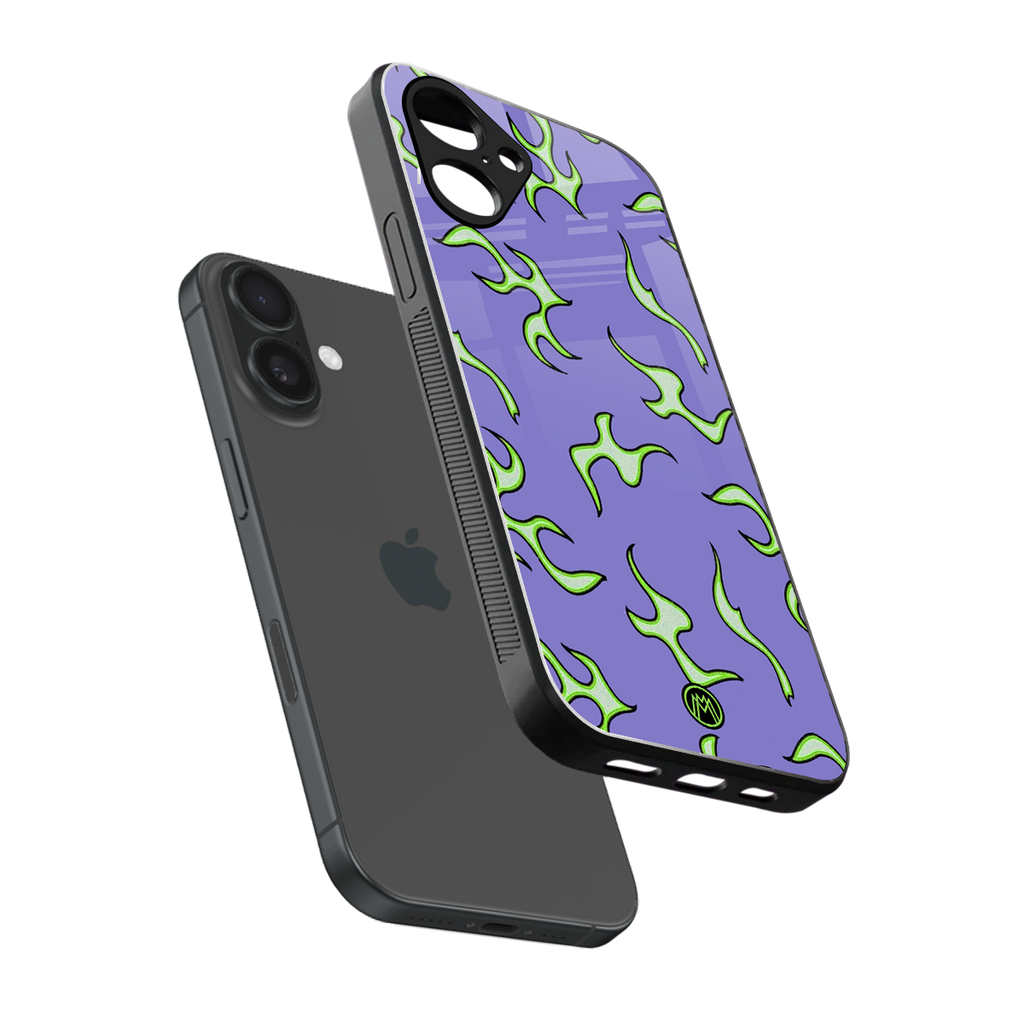 lil flames on purple back phone cover | glass case for iphone 16