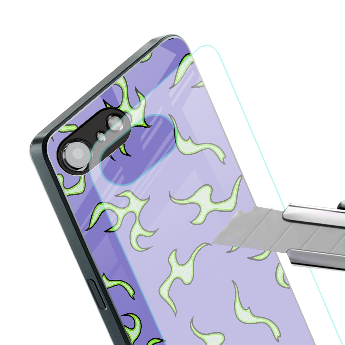 lil flames on purple back phone cover | glass case for iphone 16e