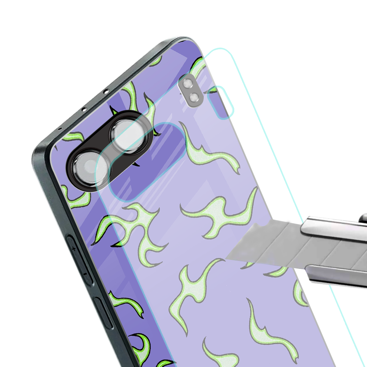 lil flames on purple back phone cover | glass case for oneplus nord 4