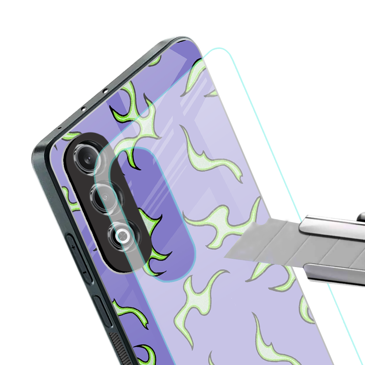 lil flames on purple back phone cover | glass case for oneplus nord ce 4