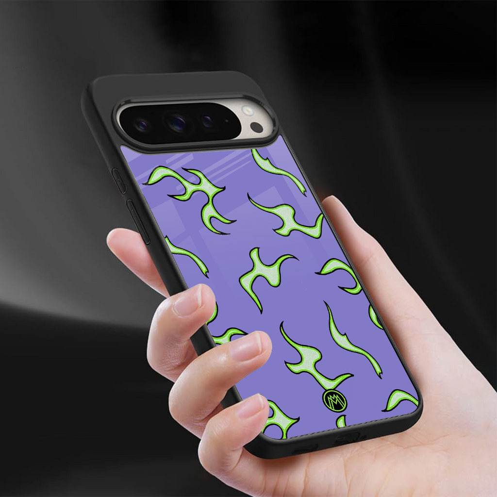 lil flames on purple back phone cover | glass case for google pixel 9 pro