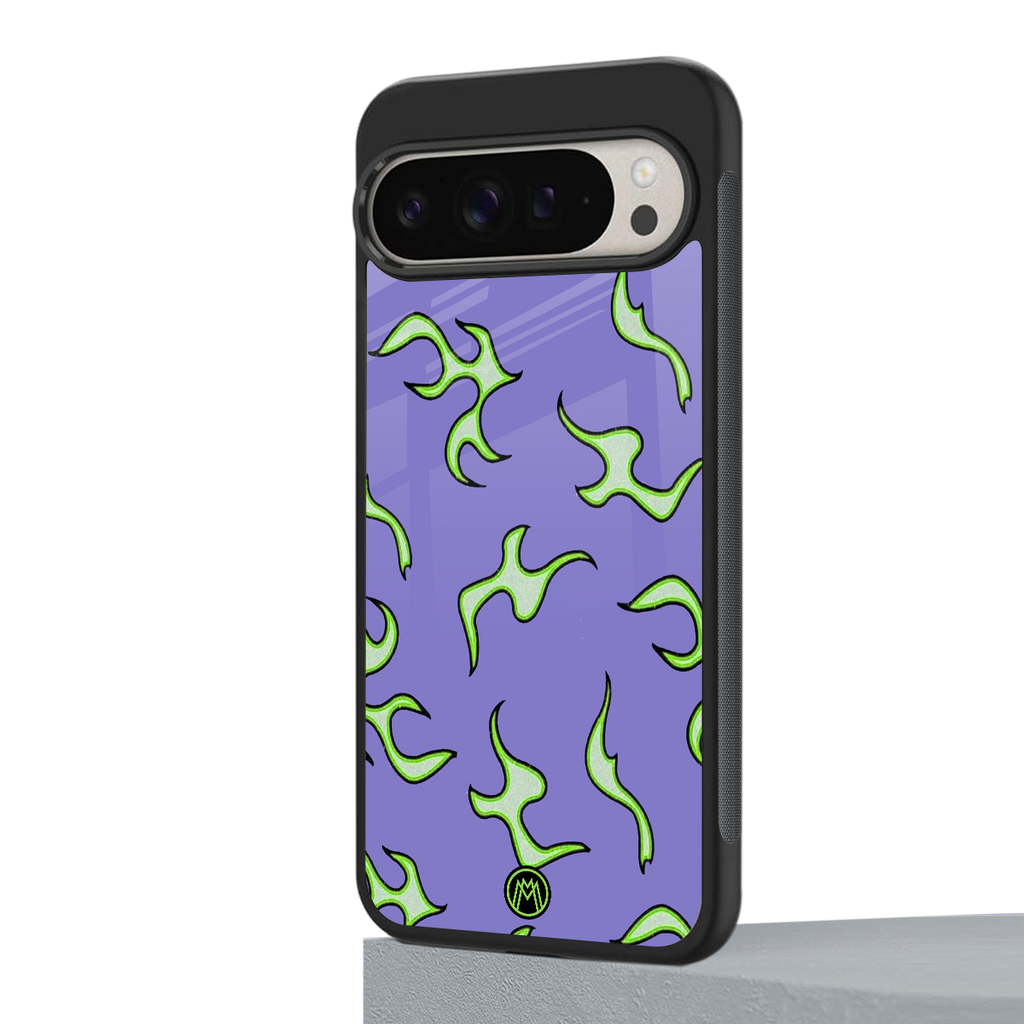 lil flames on purple back phone cover | glass case for google pixel 9 pro
