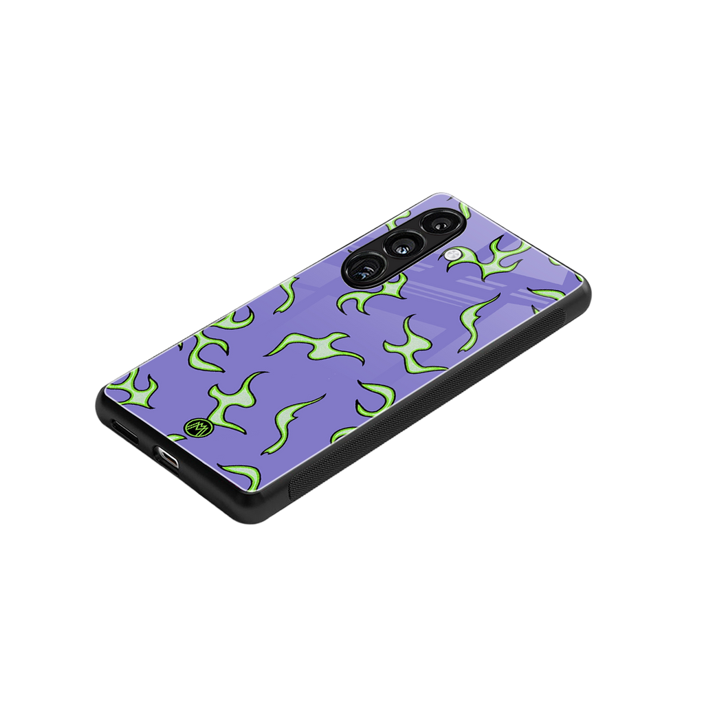 lil flames on purple back phone cover | glass case for samsung galaxy s25 plus