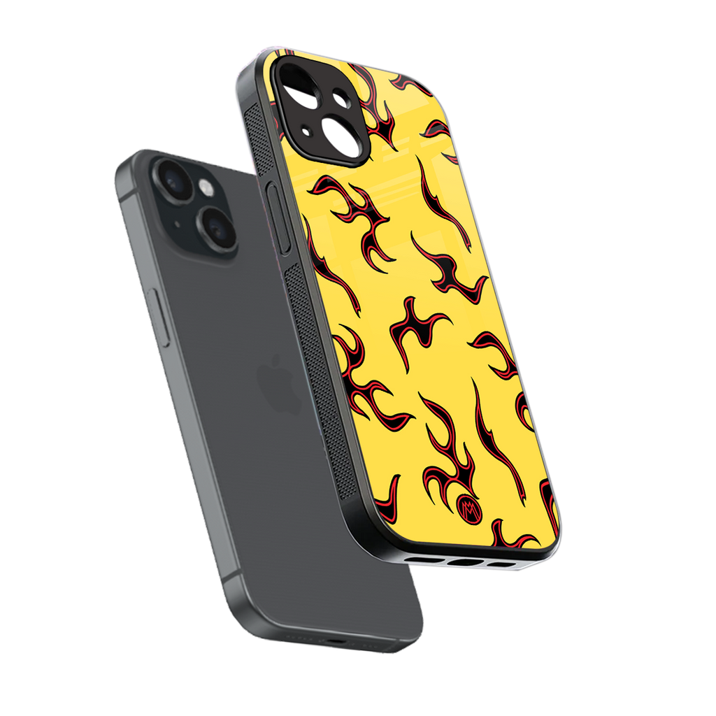 lil flames on yellow back phone cover | glass case for iphone 13 mini