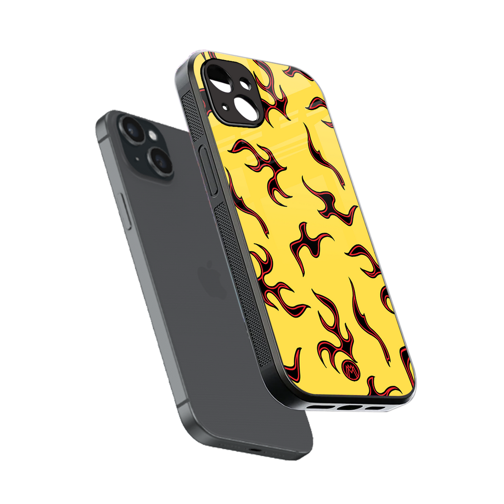lil flames on yellow back phone cover | glass case for iphone 14 plus