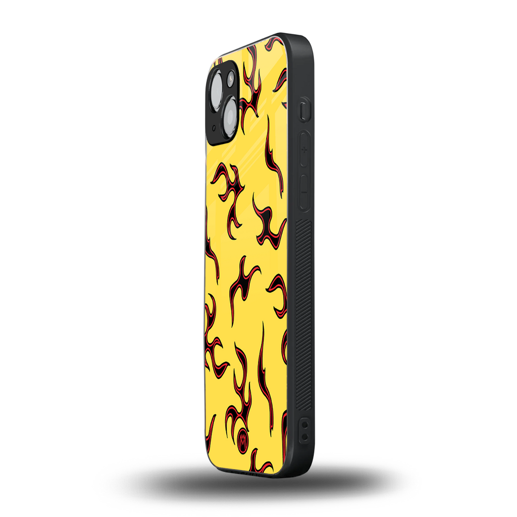 lil flames on yellow back phone cover | glass case for iphone 14 plus
