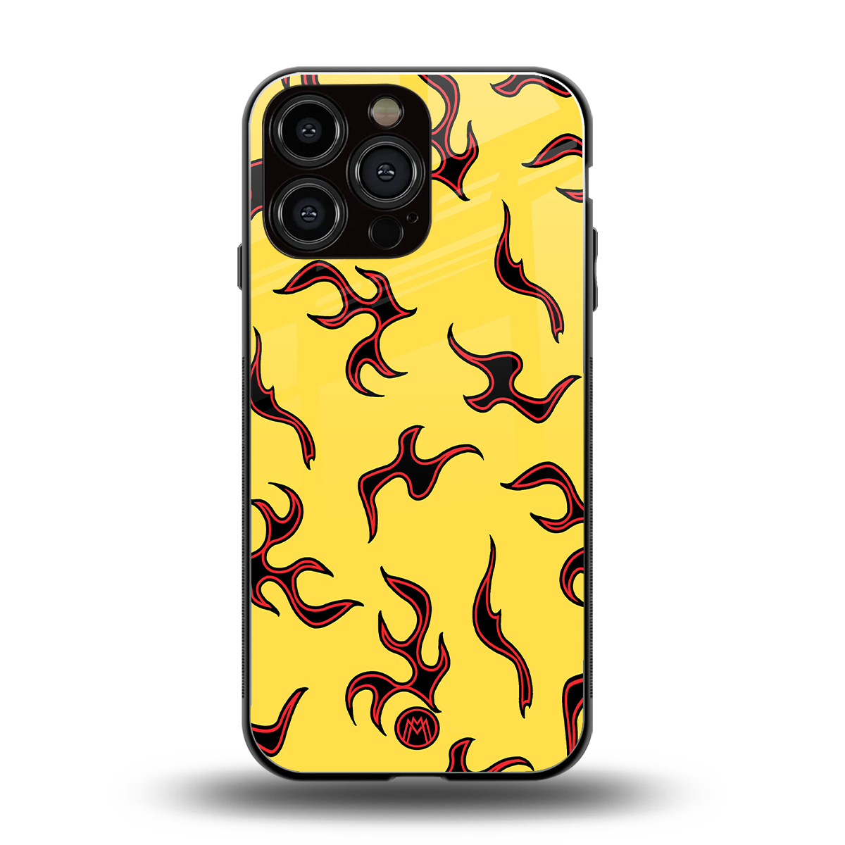 lil flames on yellow back phone cover | glass case for iphone 15 pro max