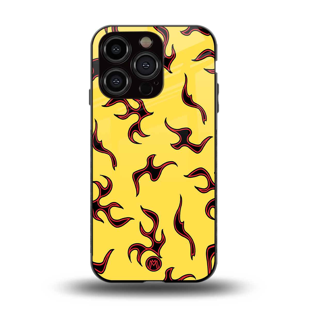 lil flames on yellow back phone cover | glass case for iphone 15 pro