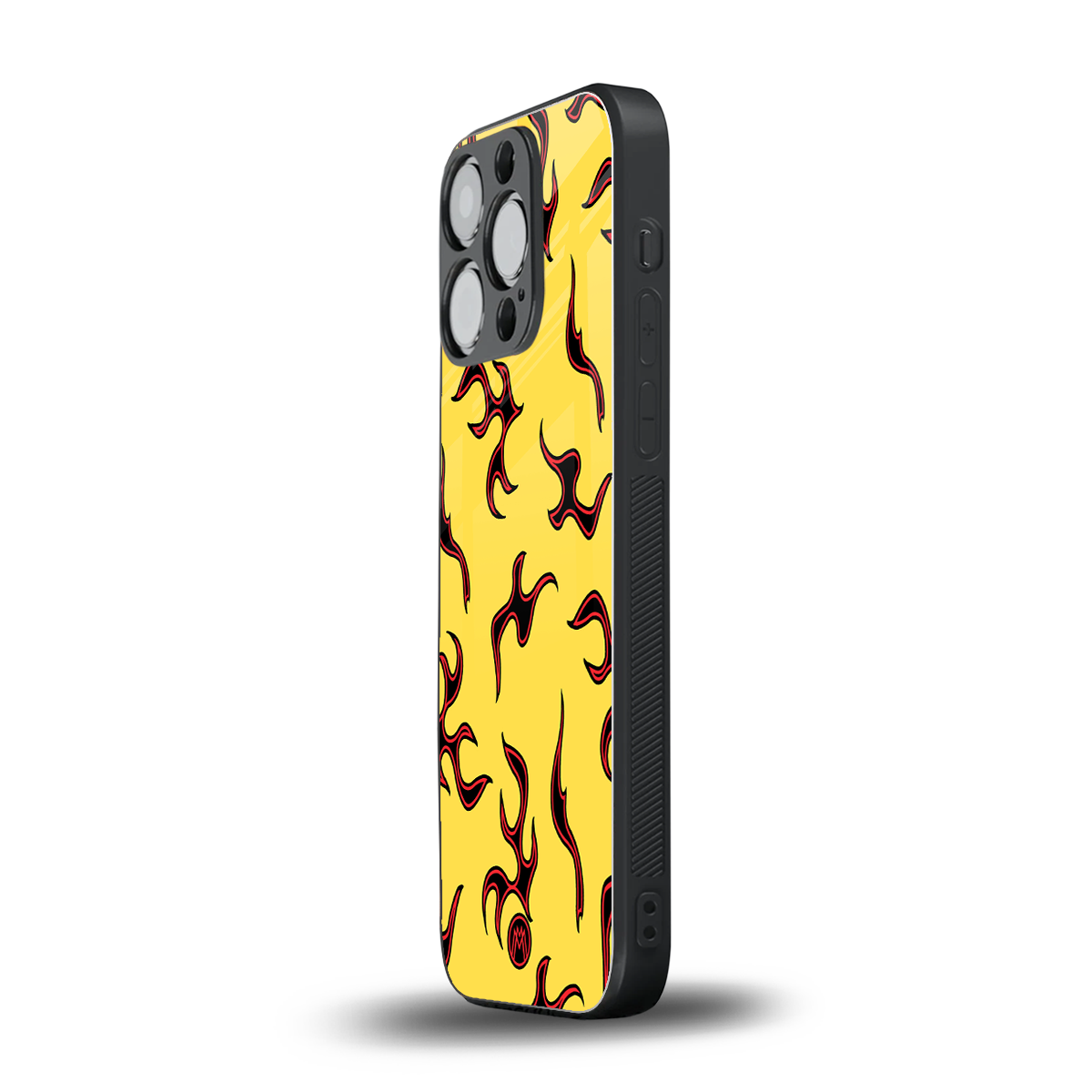lil flames on yellow back phone cover | glass case for iphone 15 pro