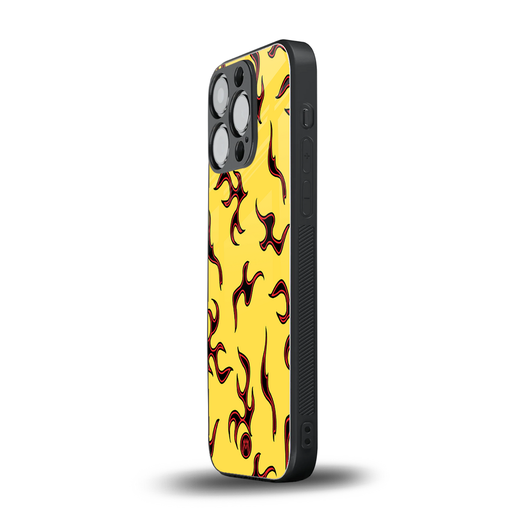lil flames on yellow back phone cover | glass case for iphone 14 pro