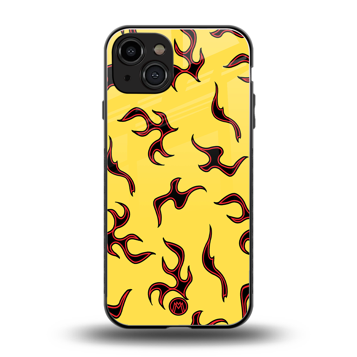 lil flames on yellow back phone cover | glass case for iphone 14