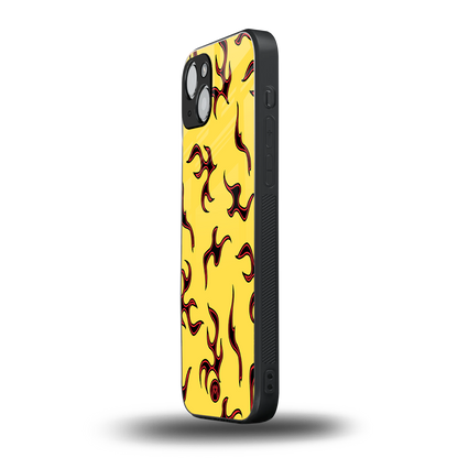 lil flames on yellow back phone cover | glass case for iphone 15