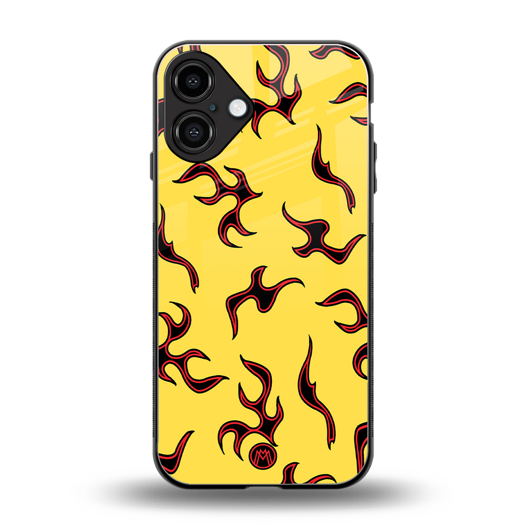 lil flames on yellow back phone cover | glass case for iphone 16 plus