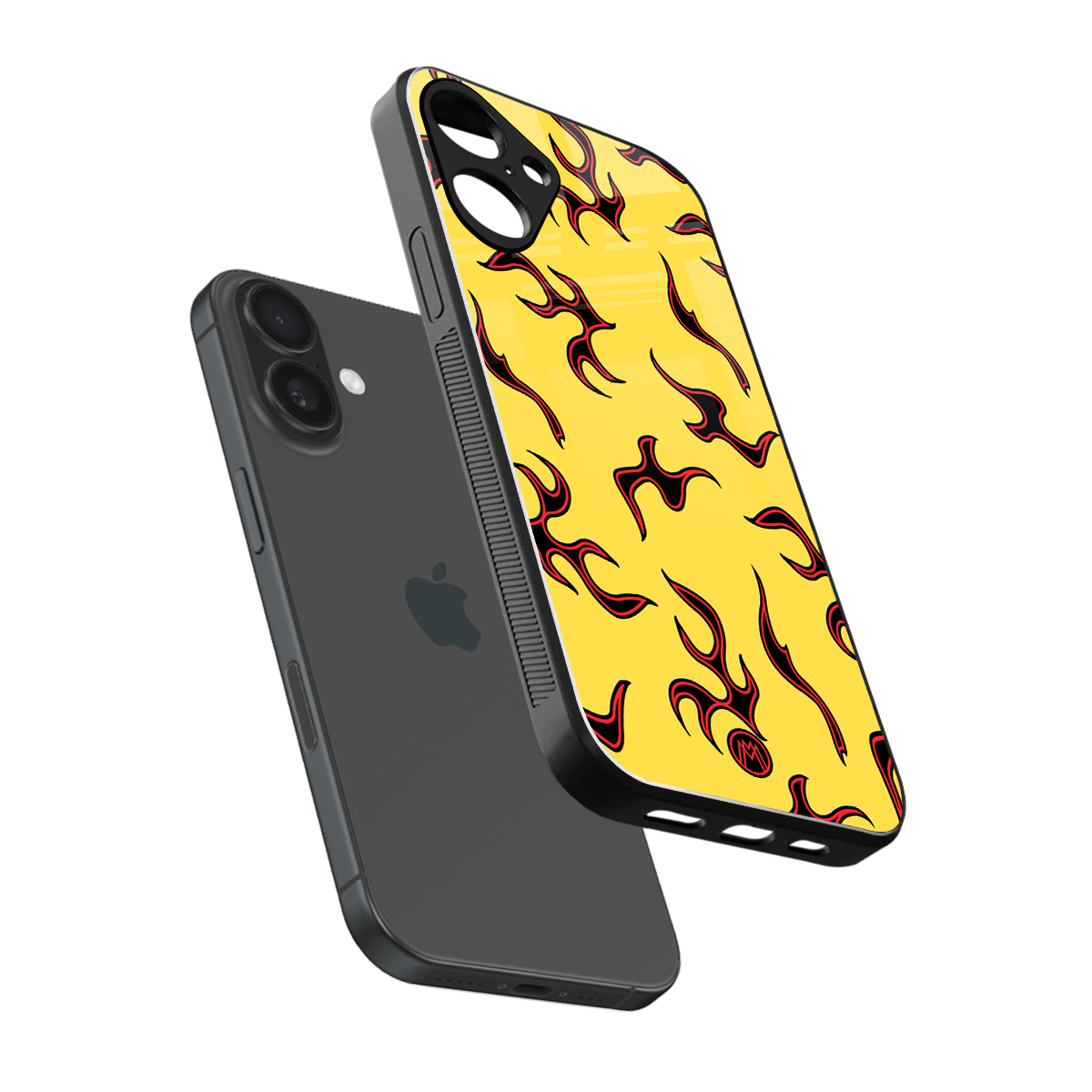 lil flames on yellow back phone cover | glass case for iphone 16 plus