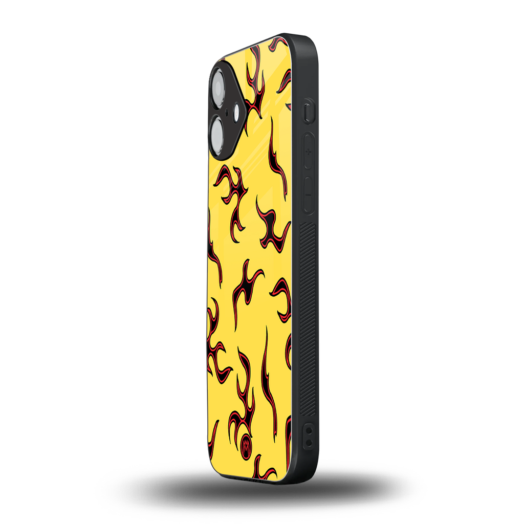 lil flames on yellow back phone cover | glass case for iphone 16 plus