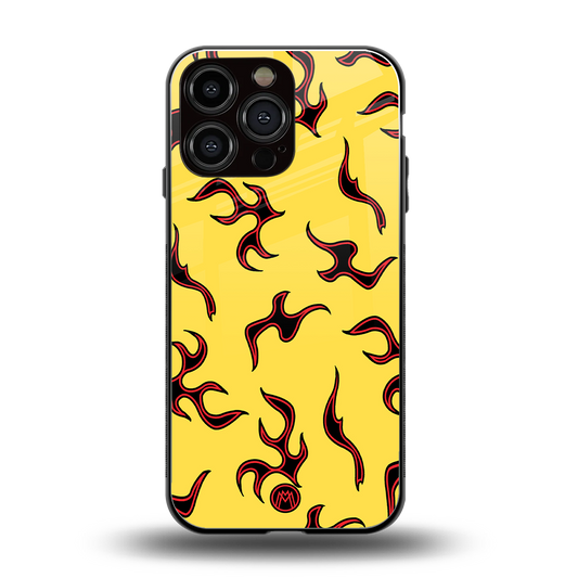 lil flames on yellow back phone cover | glass case for iphone 16 pro max