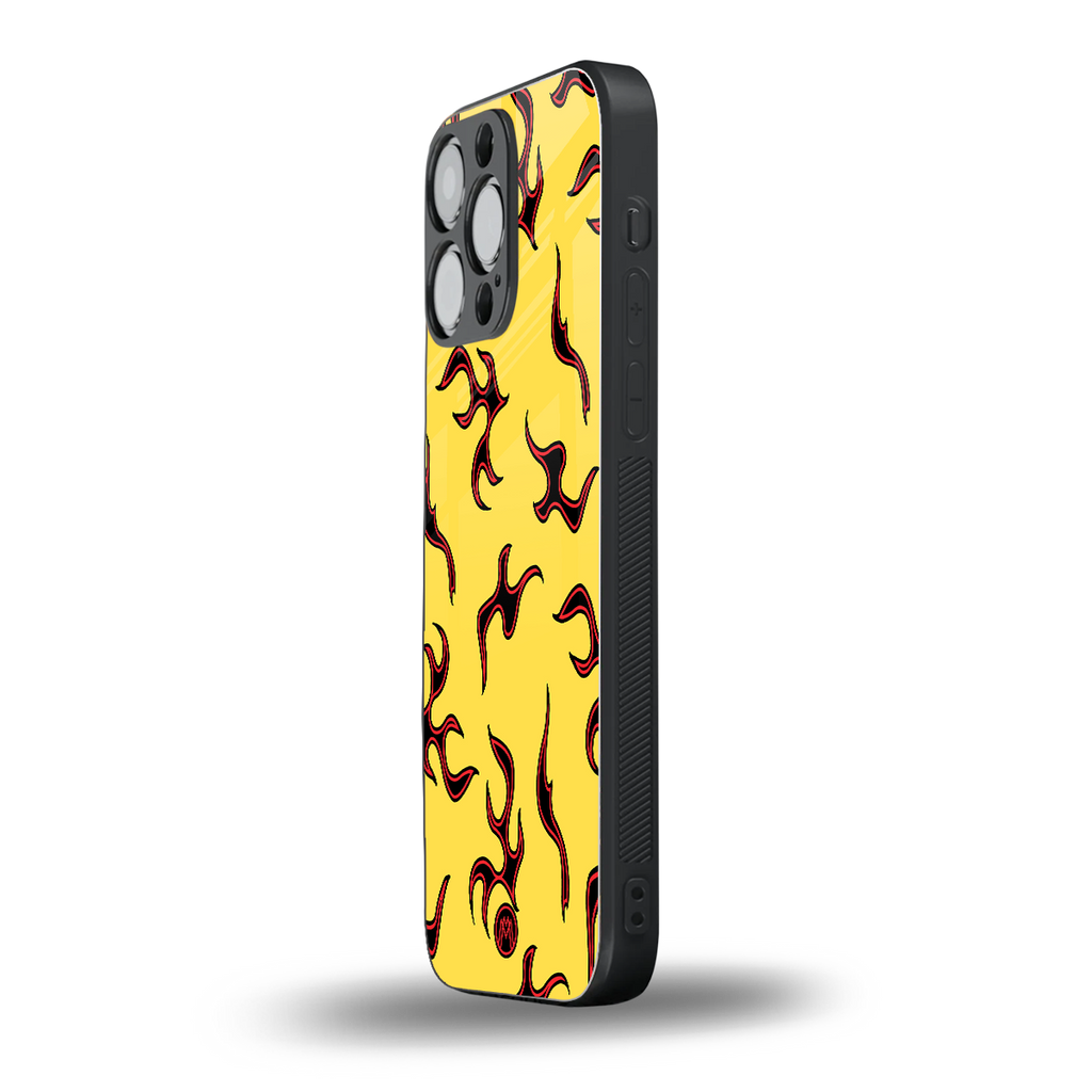 lil flames on yellow back phone cover | glass case for iphone 16 pro max