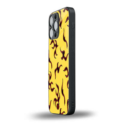 lil flames on yellow back phone cover | glass case for iphone 16 pro max