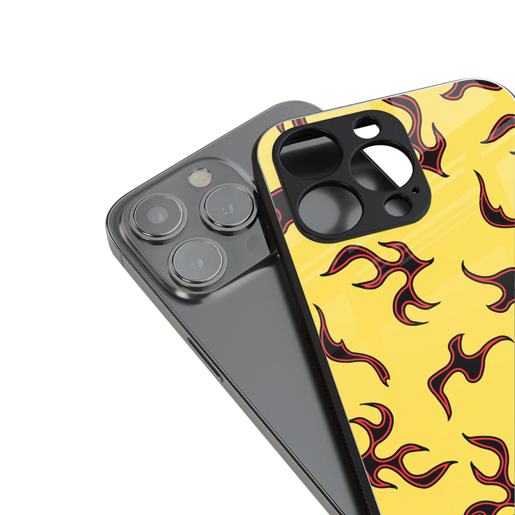 lil flames on yellow back phone cover | glass case for iphone 13 pro max
