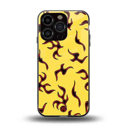 lil flames on yellow back phone cover | glass case for iphone 16 pro