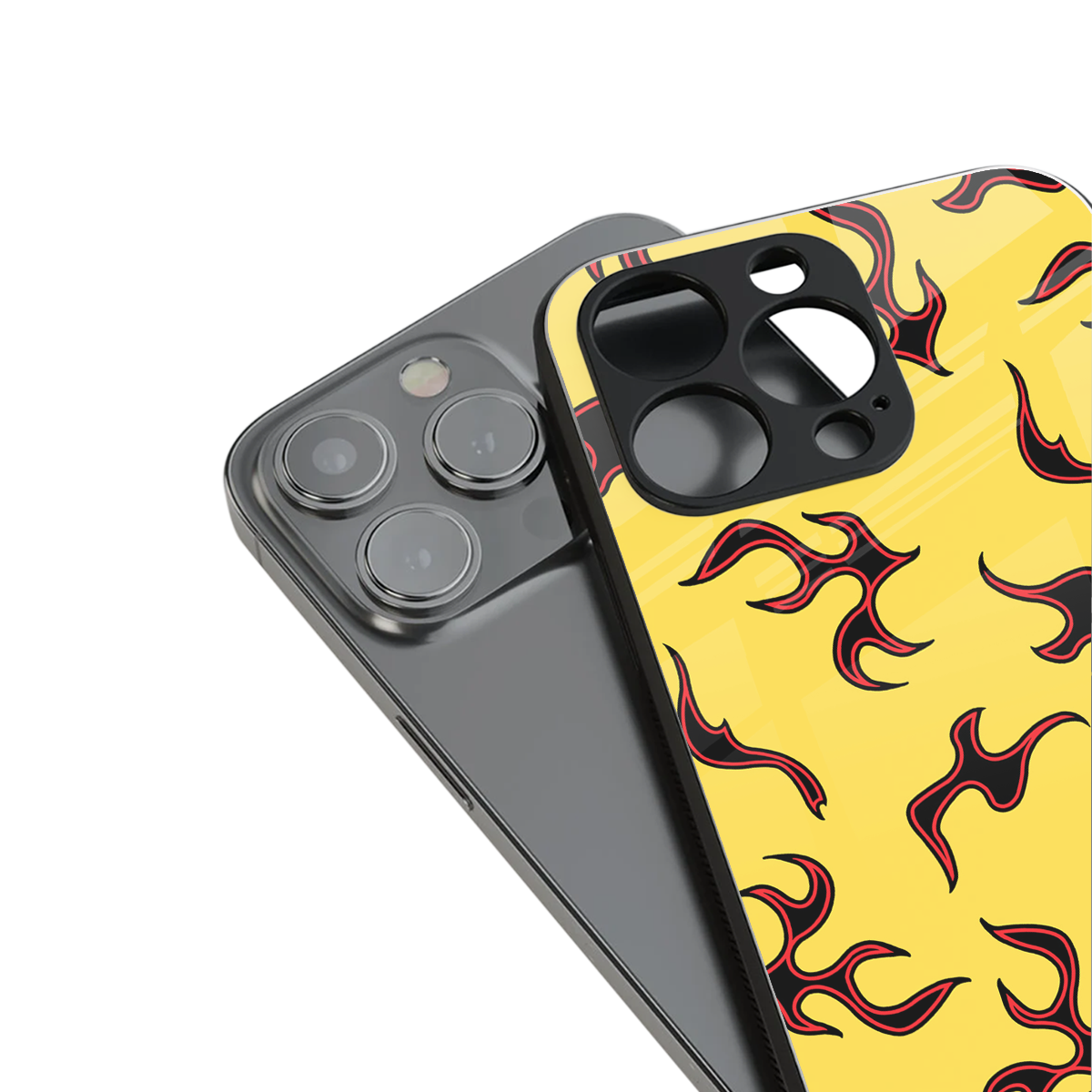 lil flames on yellow back phone cover | glass case for iphone 15 pro
