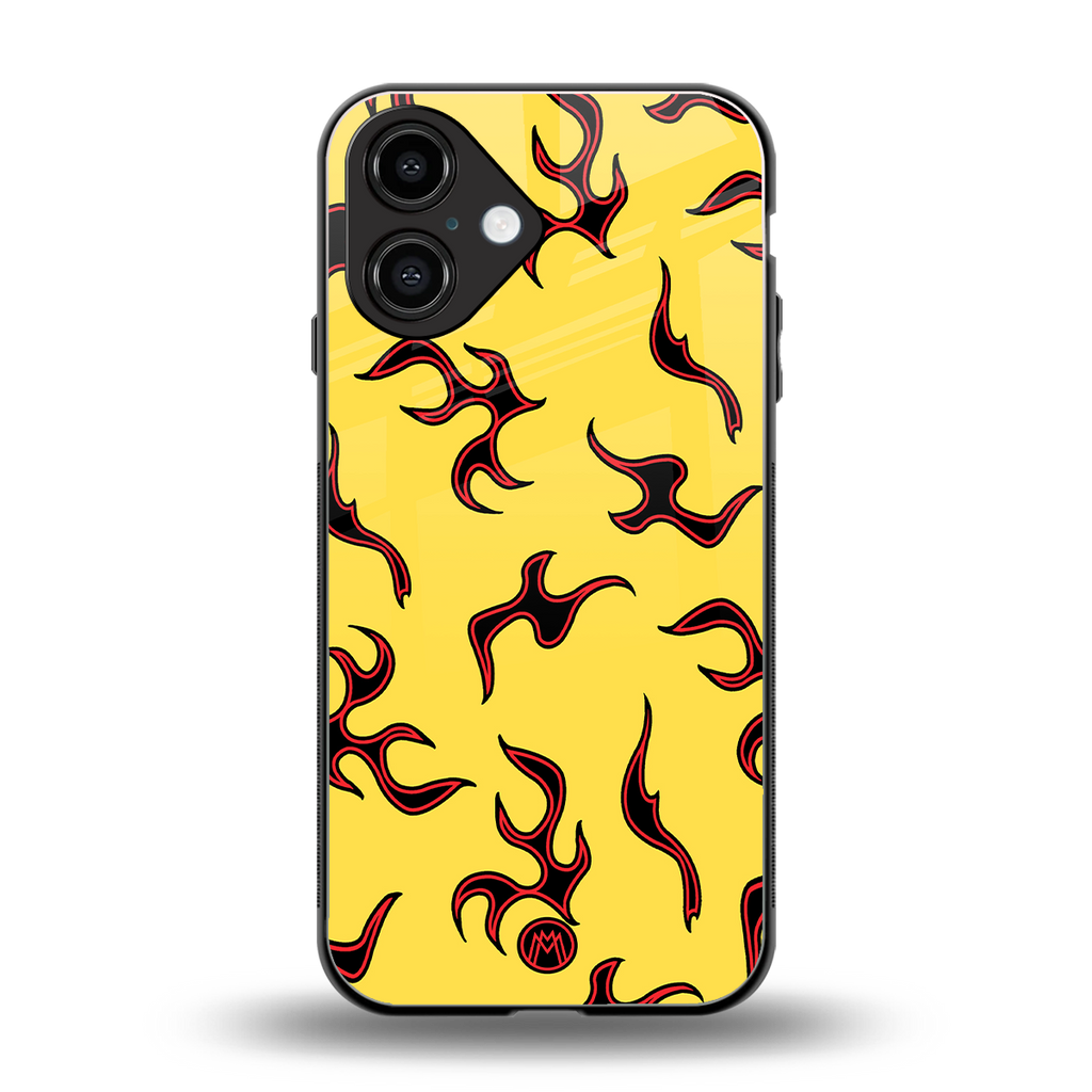 lil flames on yellow back phone cover | glass case for iphone 16