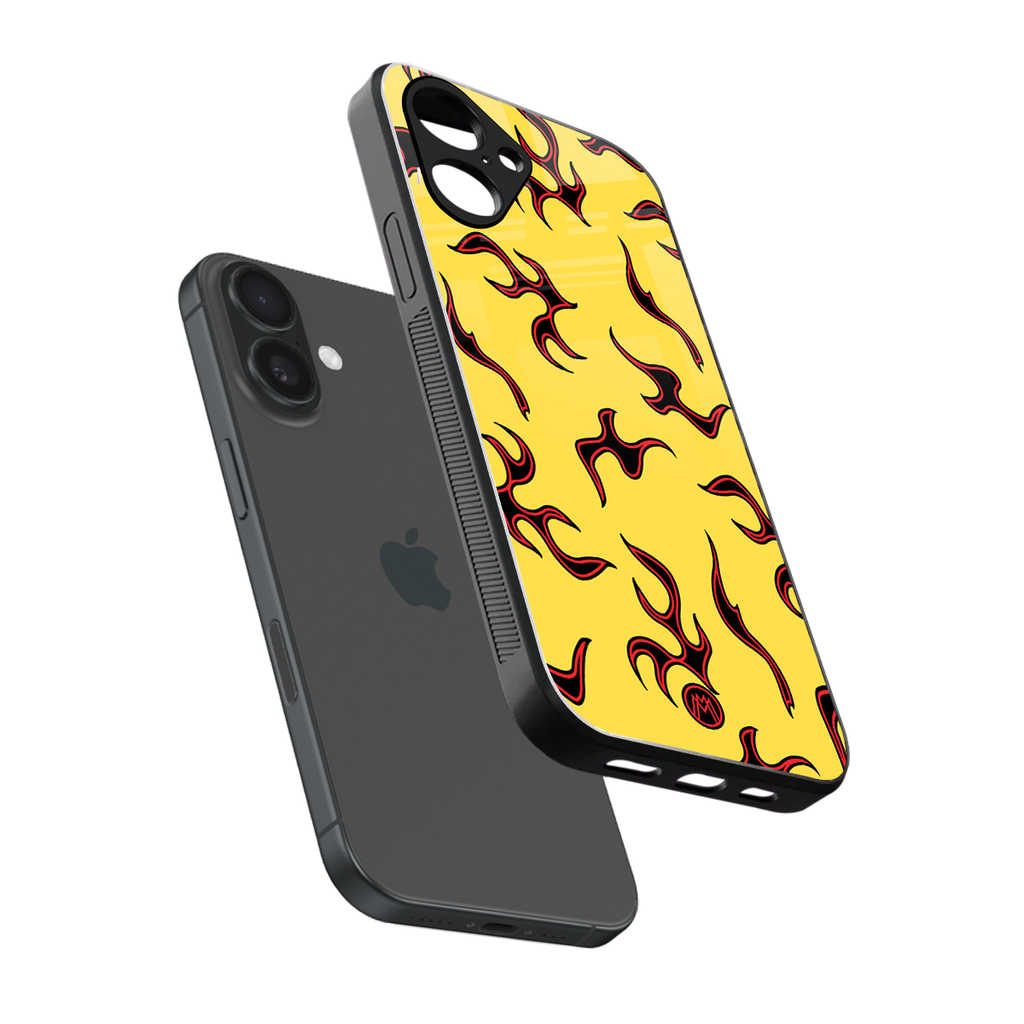 lil flames on yellow back phone cover | glass case for iphone 16