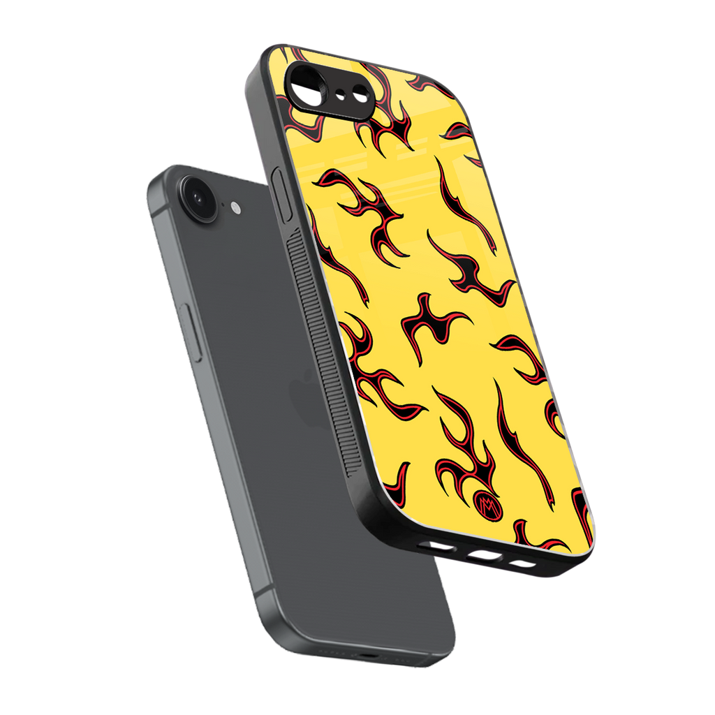 lil flames on yellow back phone cover | glass case for iphone 16e