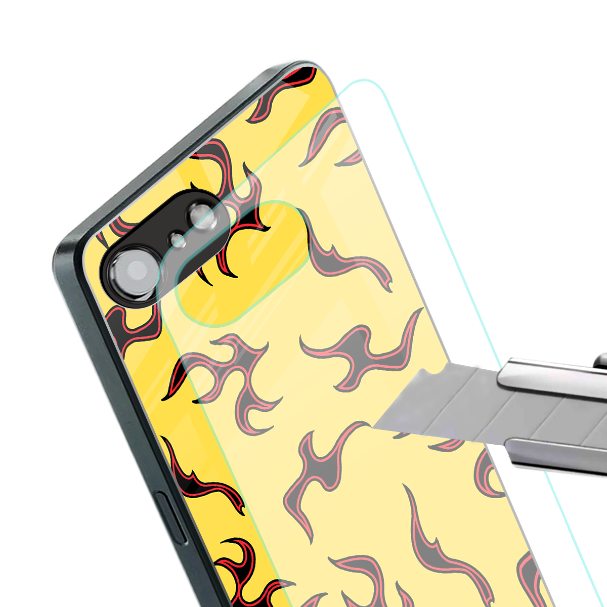 lil flames on yellow back phone cover | glass case for iphone 16e