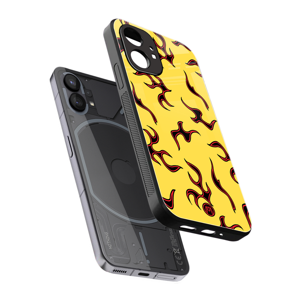 lil flames on yellow back phone cover | glass case for nothing phone 1