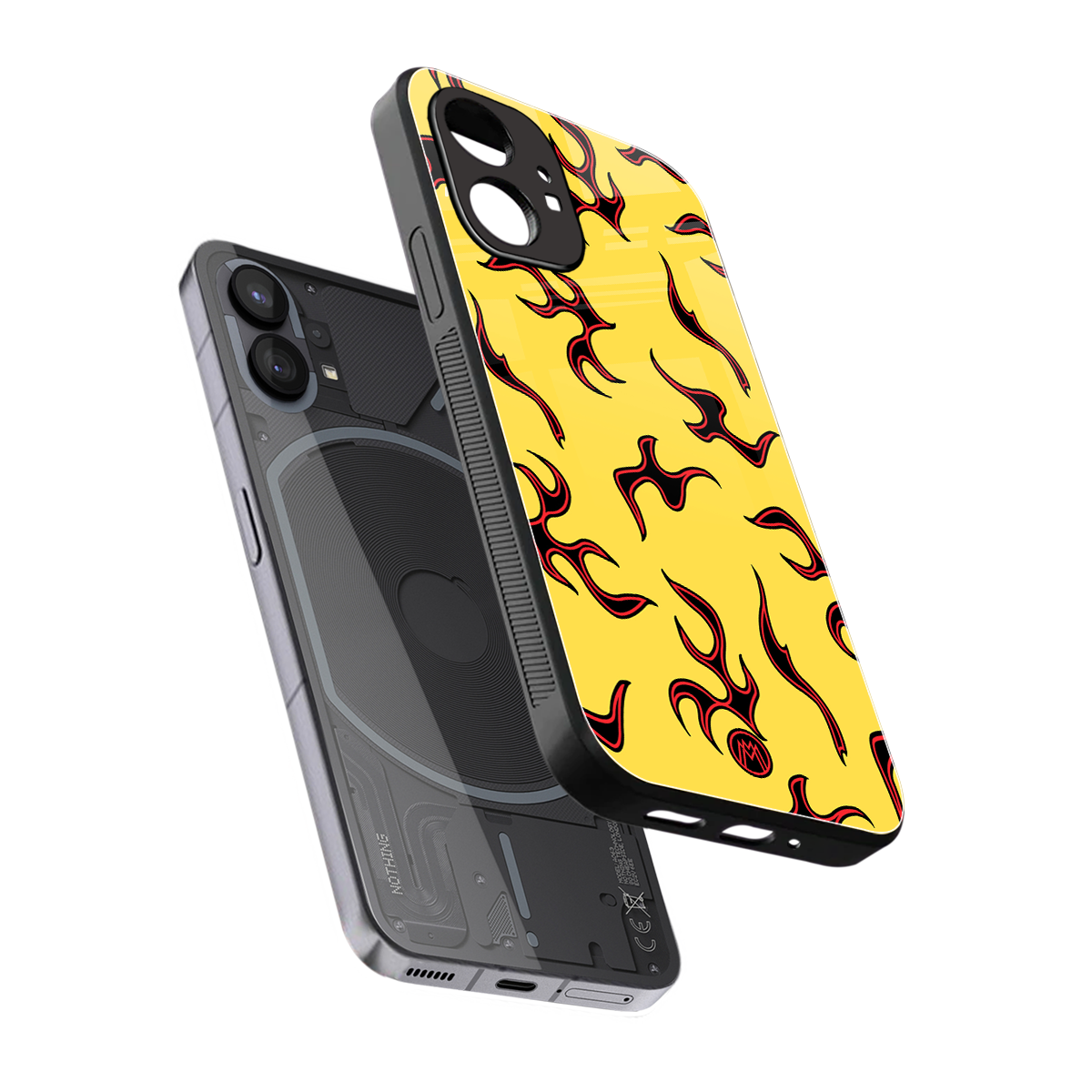lil flames on yellow back phone cover | glass case for nothing phone 1