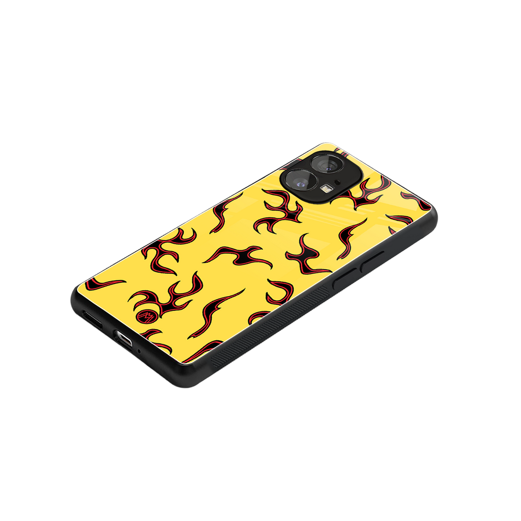 lil flames on yellow back phone cover | glass case for nothing phone 1