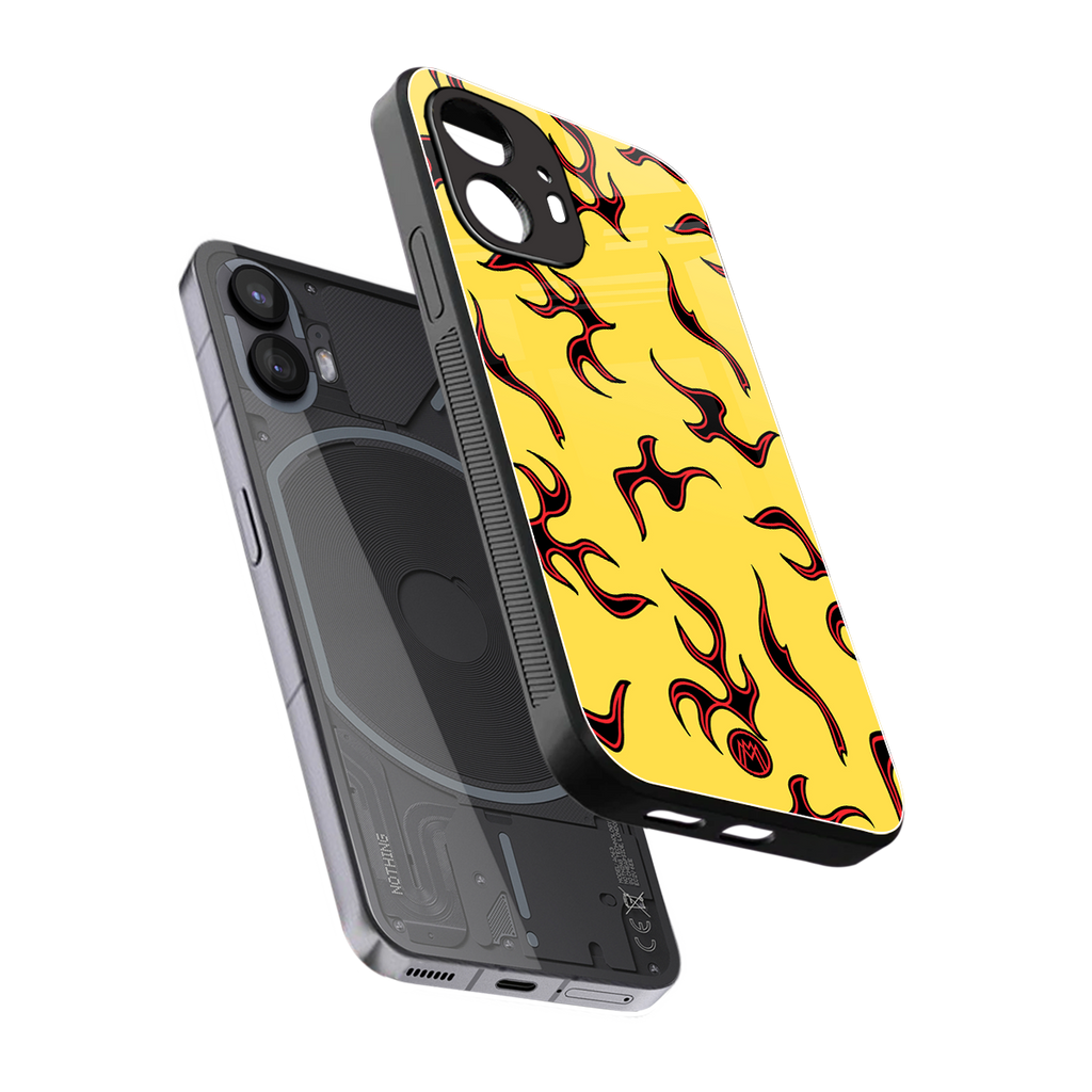 lil flames on yellow back phone cover | glass case for nothing phone 2