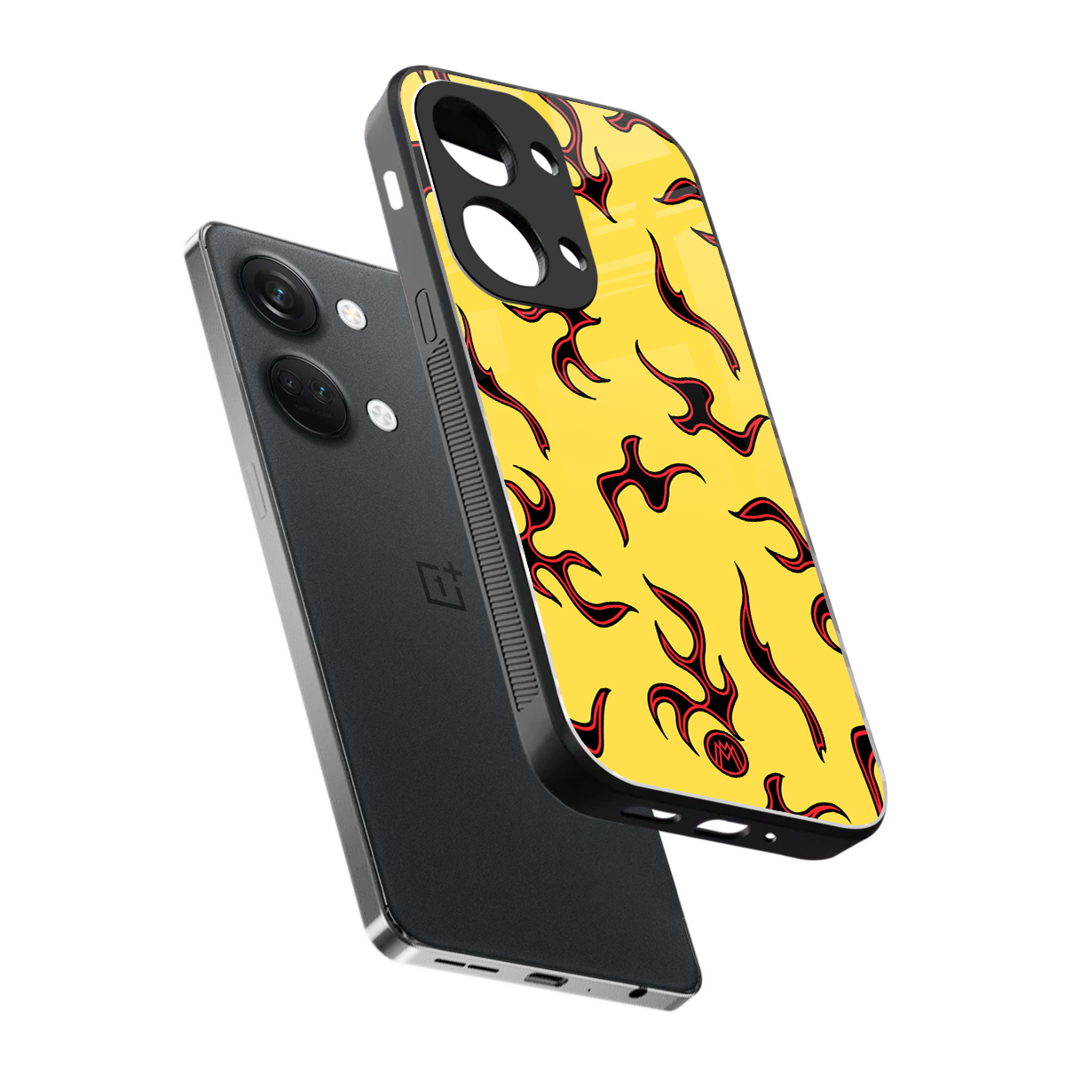 lil flames on yellow back phone cover | glass case for oneplus nord 3
