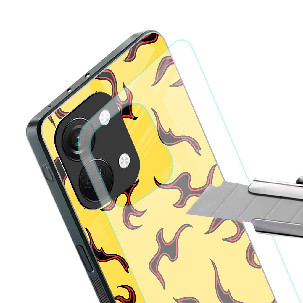 lil flames on yellow back phone cover | glass case for oneplus nord 3