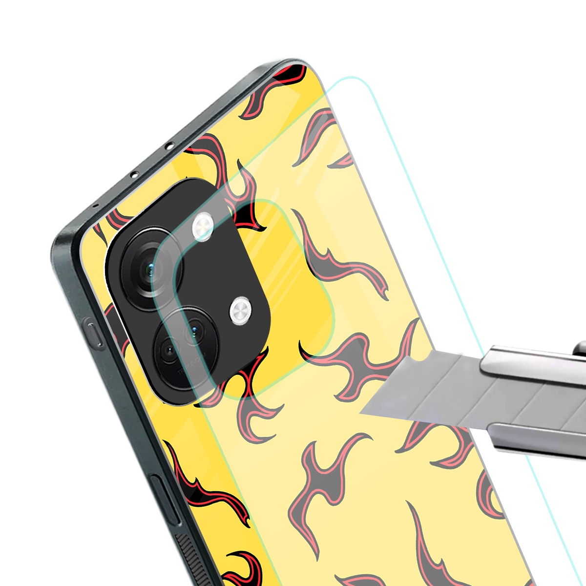 lil flames on yellow back phone cover | glass case for oneplus nord 3