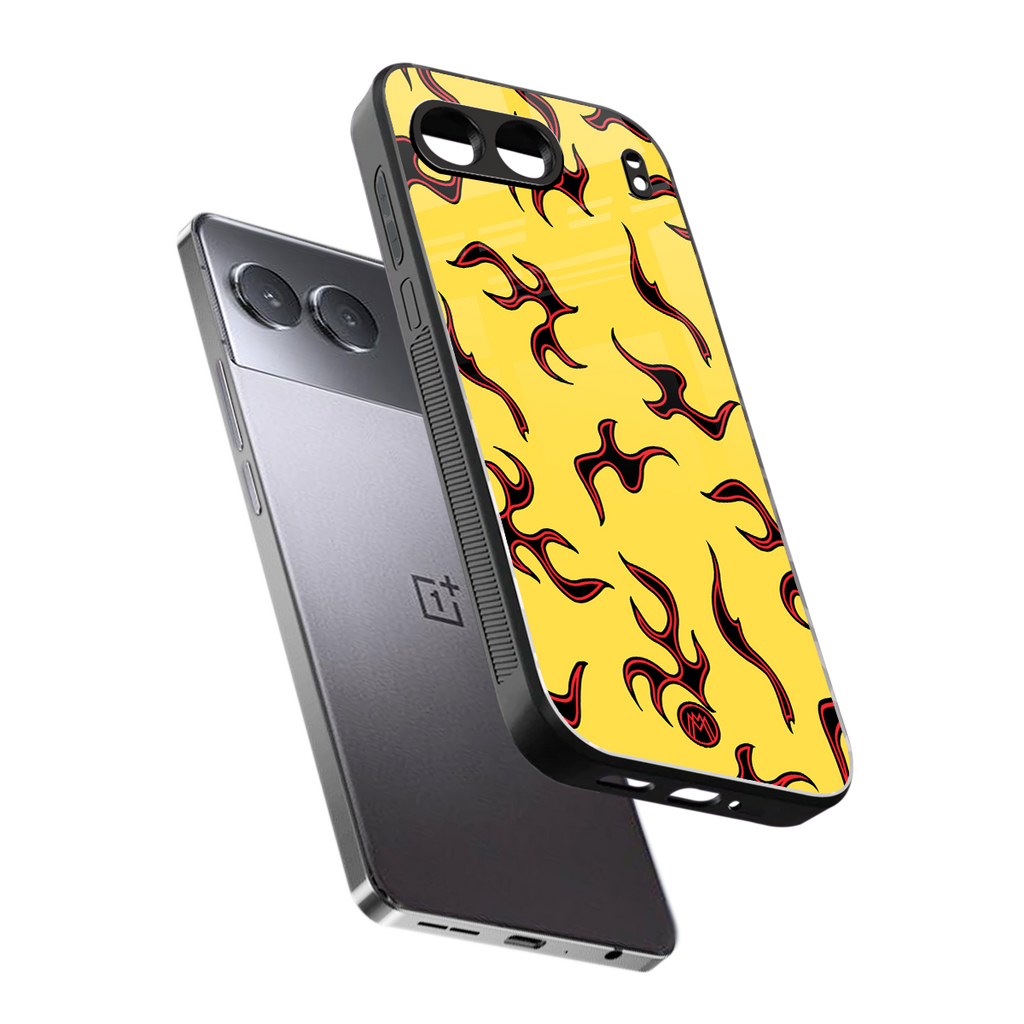 lil flames on yellow back phone cover | glass case for oneplus nord 4