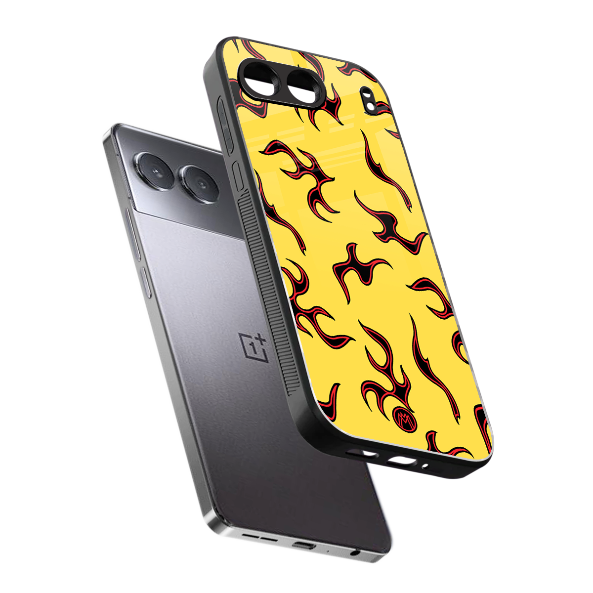 lil flames on yellow back phone cover | glass case for oneplus nord 4