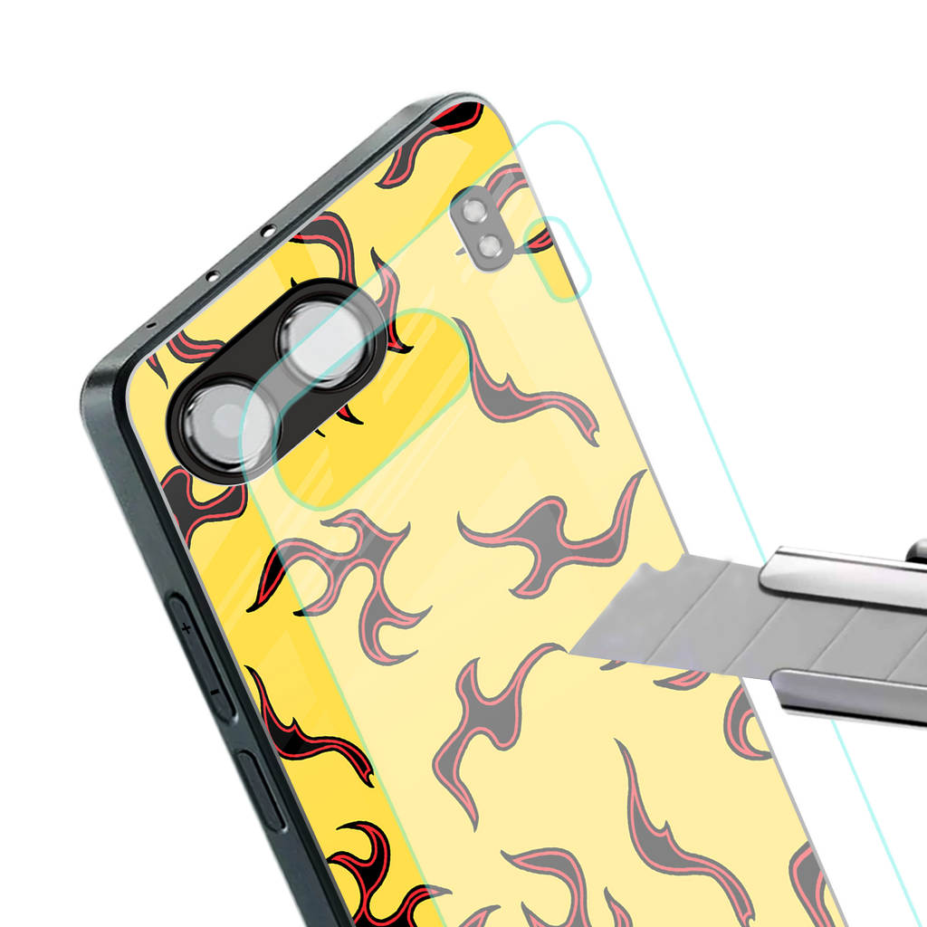 lil flames on yellow back phone cover | glass case for oneplus nord 4