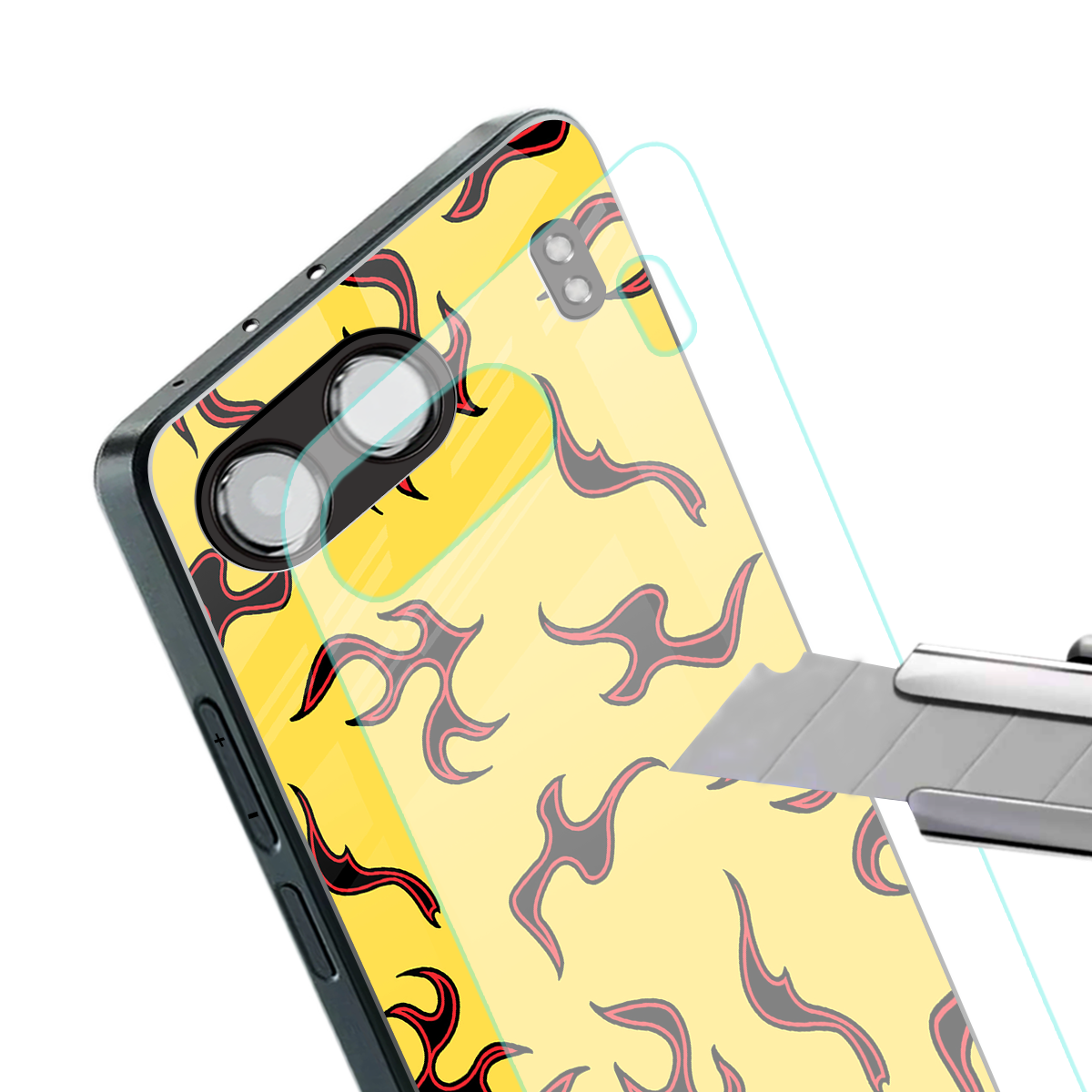 lil flames on yellow back phone cover | glass case for oneplus nord 4