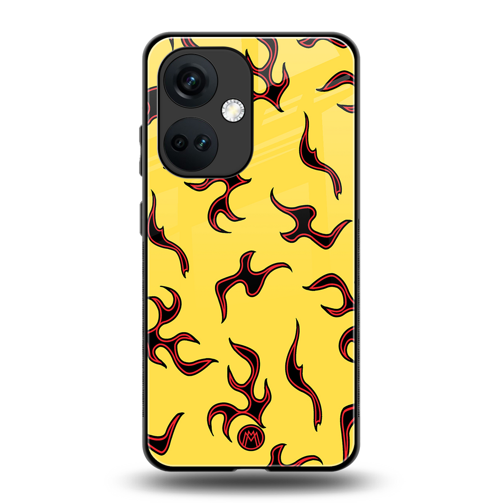 lil flames on yellow back phone cover | glass case for oneplus nord ce 3