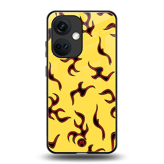 lil flames on yellow back phone cover | glass case for oneplus nord ce 3