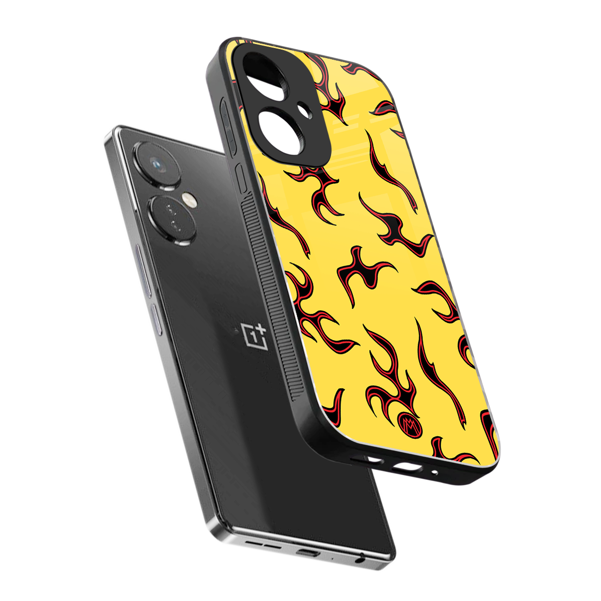 lil flames on yellow back phone cover | glass case for oneplus nord ce 3