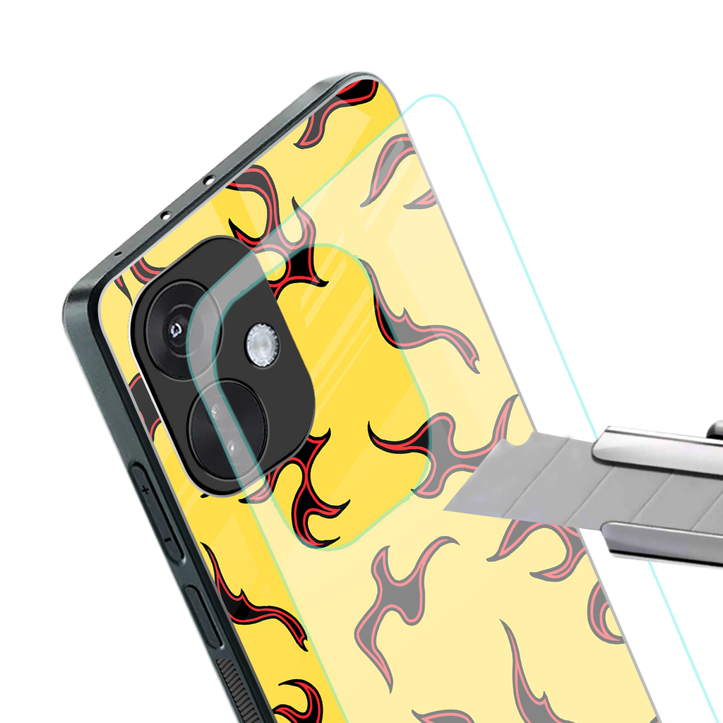 lil flames on yellow back phone cover | glass case for oneplus nord ce 3