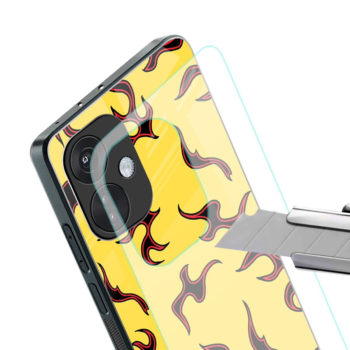 lil flames on yellow back phone cover | glass case for oneplus nord ce 3