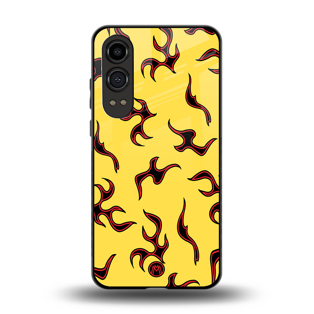 lil flames on yellow back phone cover | glass case for oneplus nord ce 4 lite
